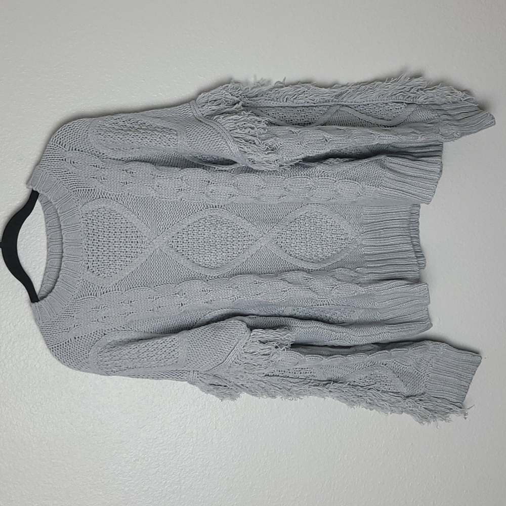 &merci Boho Sweater Cable Knit Bodice Fringe Sleeves Ribbed Hem Size Large Gray - Picture 2 of 11